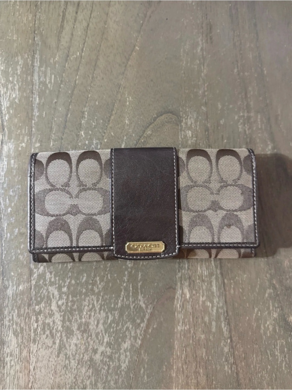 Coach Brown Signature Canvas Trifold Card Holder with Dark Brown Leather Trim